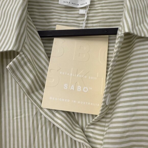 Sabo Skirt Sea Foam Striped Kase Short Sleeve Button Shirt Top Size Large NEW - Picture 7 of 7